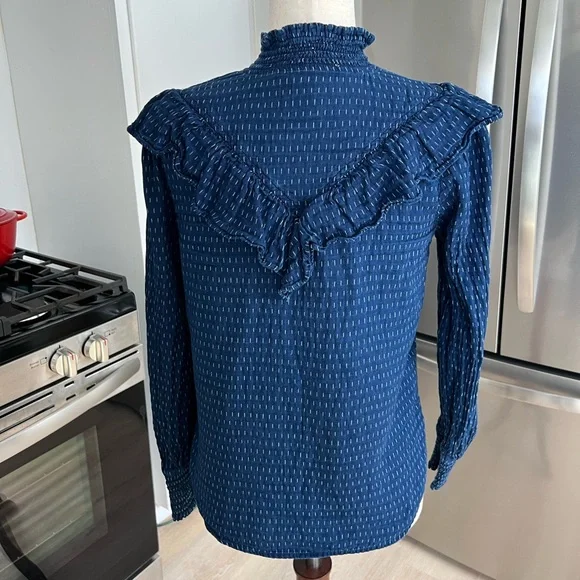 LOFT Dobby Ruffle Prairie Feminine Navy Long Sleeve Buttoned Cotton Blouse Top - Picture 4 of 10